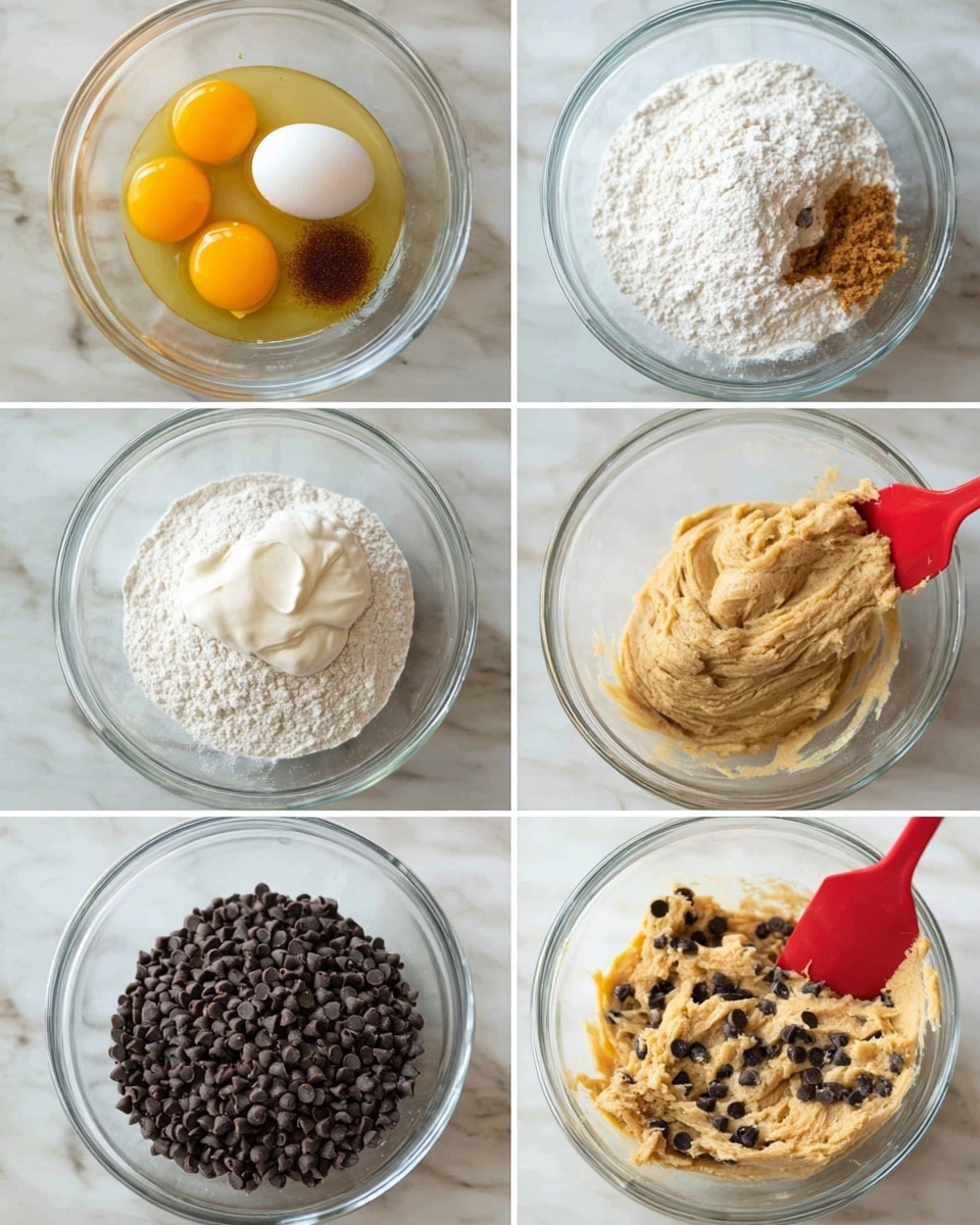 The image shows six steps of making cookie dough in a clear glass bowl placed on a white marbled surface. The first part shows two large egg yolks with brown sugar and salt below them. The second part adds two whole egg yolks being mixed into the dough, which has a thick brown texture. The third part shows thick white cream being added into the thick dough mixture. The fourth part features a heap of white flour on top of the dough in the bowl. The fifth part shows a large amount of dark chocolate chips being folded into the dough with a red spatula. The last part shows the chocolate chips fully mixed evenly into the smooth, thick, light brown dough. photo taken with an iphone --ar 4:5 --v 7