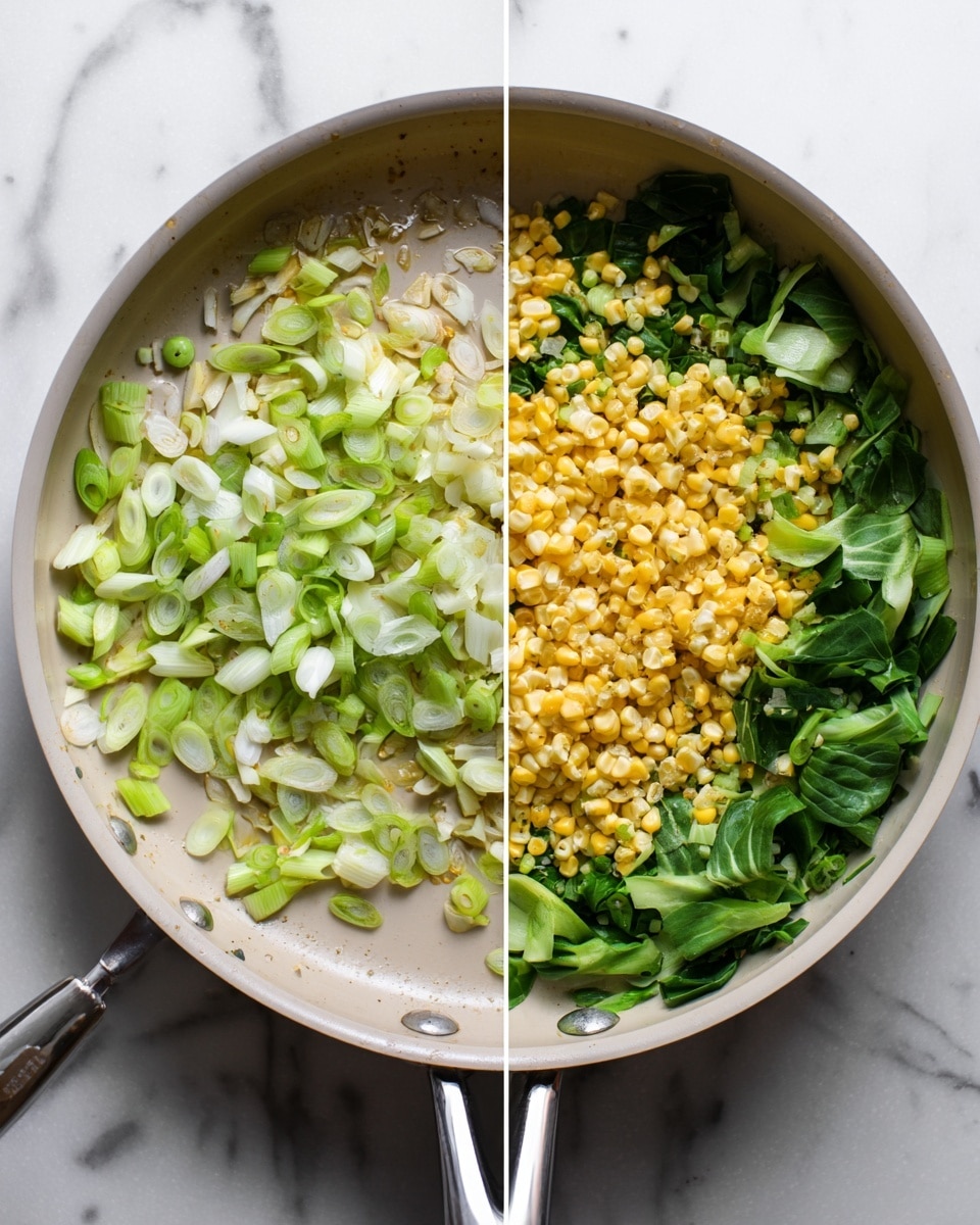 The image is split into two parts, each showing a white pan on a white marbled surface. On the left side, the pan has thinly sliced light green spring onions and sliced white garlic spread evenly in the middle, frying in a little oil that shines a bit. On the right side, the pan contains fresh green bok choy leaves spread on bottom with a thick layer of small yellow corn kernels piled in the center, creating a mix of yellow and green colors. The pans have silver handles and the overall look is bright and fresh, photo taken with an iphone --ar 4:5 --v 7