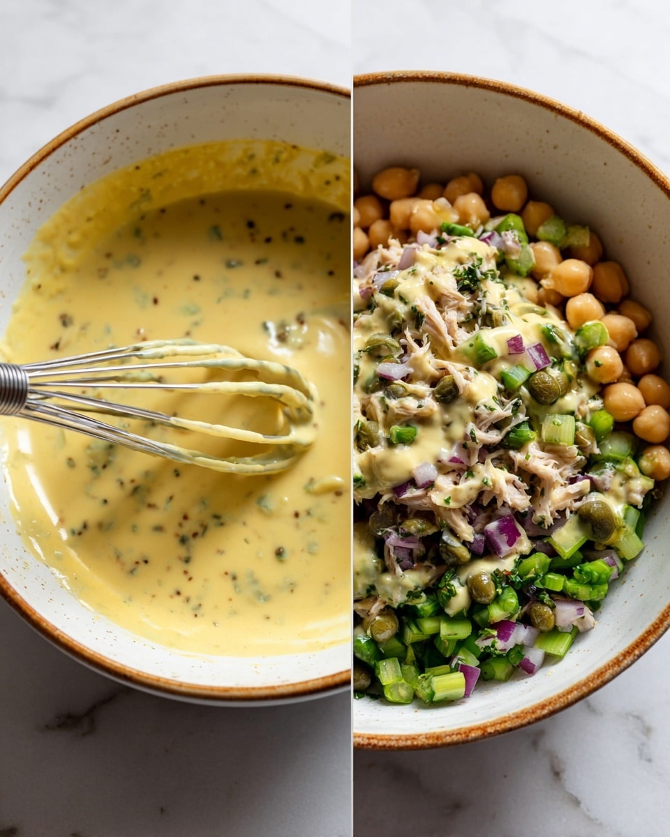 A white bowl filled with many light beige round chickpeas, showing their smooth and slightly firm texture. Surrounding the bowl are small white bowls with different ingredients: one has a thick white creamy sauce, another holds finely chopped green onions, and a third one partly visible shows some shredded meat. There is also a bright yellow lemon wedge at the edge near the chickpeas. The background surface is white with a marbled texture. The photo is taken with an iphone --ar 4:5 --v 7