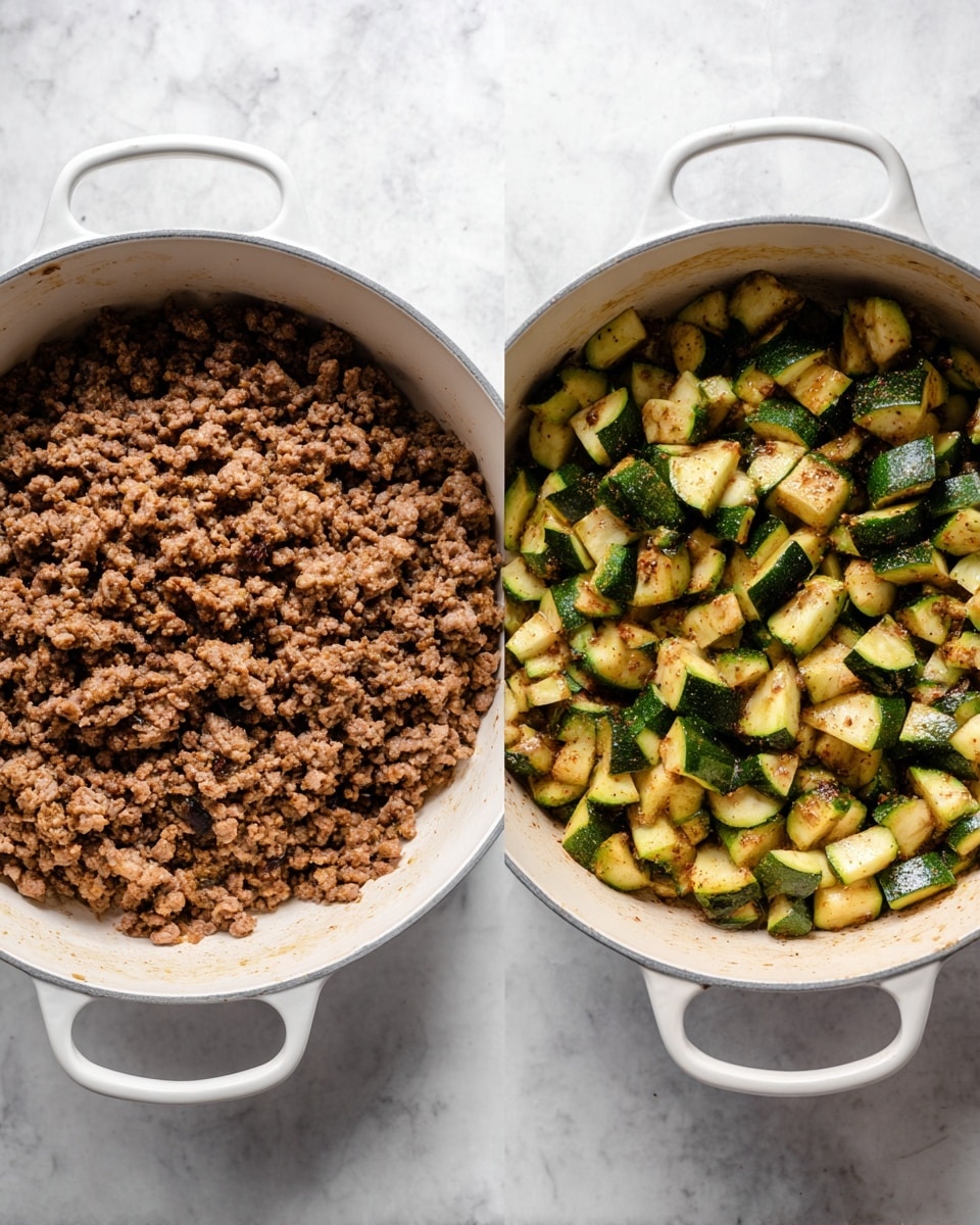 The image shows two white pots on a white marbled surface. The left pot is filled with one thick layer of cooked ground meat that is brown and crumbly, covering the entire bottom of the pot. The right pot has one layer of cooked green zucchini pieces, browned in spots, scattered over the pot’s bottom with some bits sticking to the sides. Both pots have handles, and the lighting highlights the textures of the meat and vegetables clearly. Photo taken with an iphone --ar 4:5 --v 7