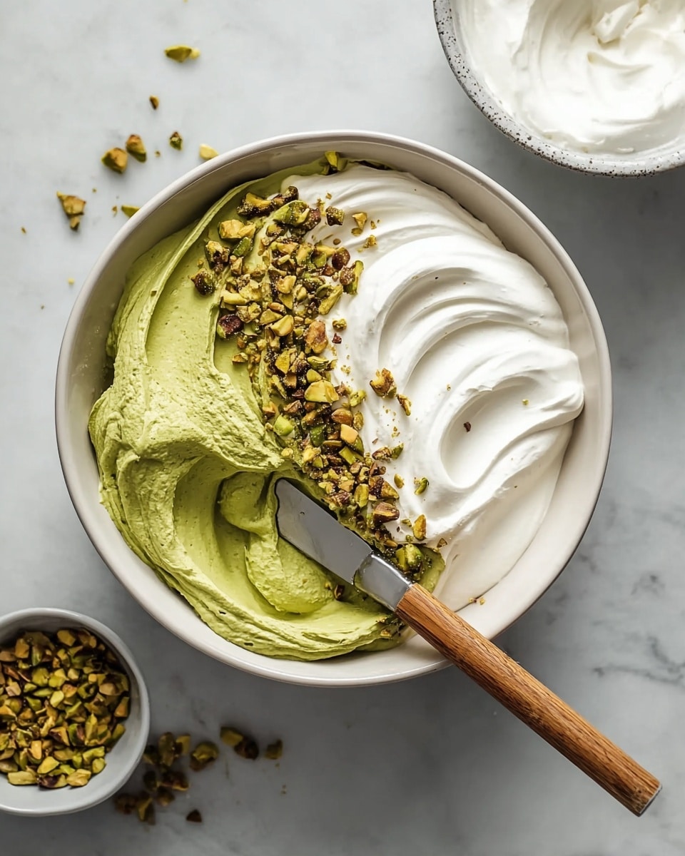 This image shows a clear glass cup with two layers of dessert. The bottom layer is thick and dark brown, smooth chocolate pudding filling most of the glass. The top layer is a fluffy, soft green cream that sits like a dome on the chocolate base. On top of the green cream are pieces of chopped dark chocolate and whole and cut pistachio nuts scattered as decoration. The background is a white marbled texture. The photo taken with an iphone --ar 4:5 --v 7