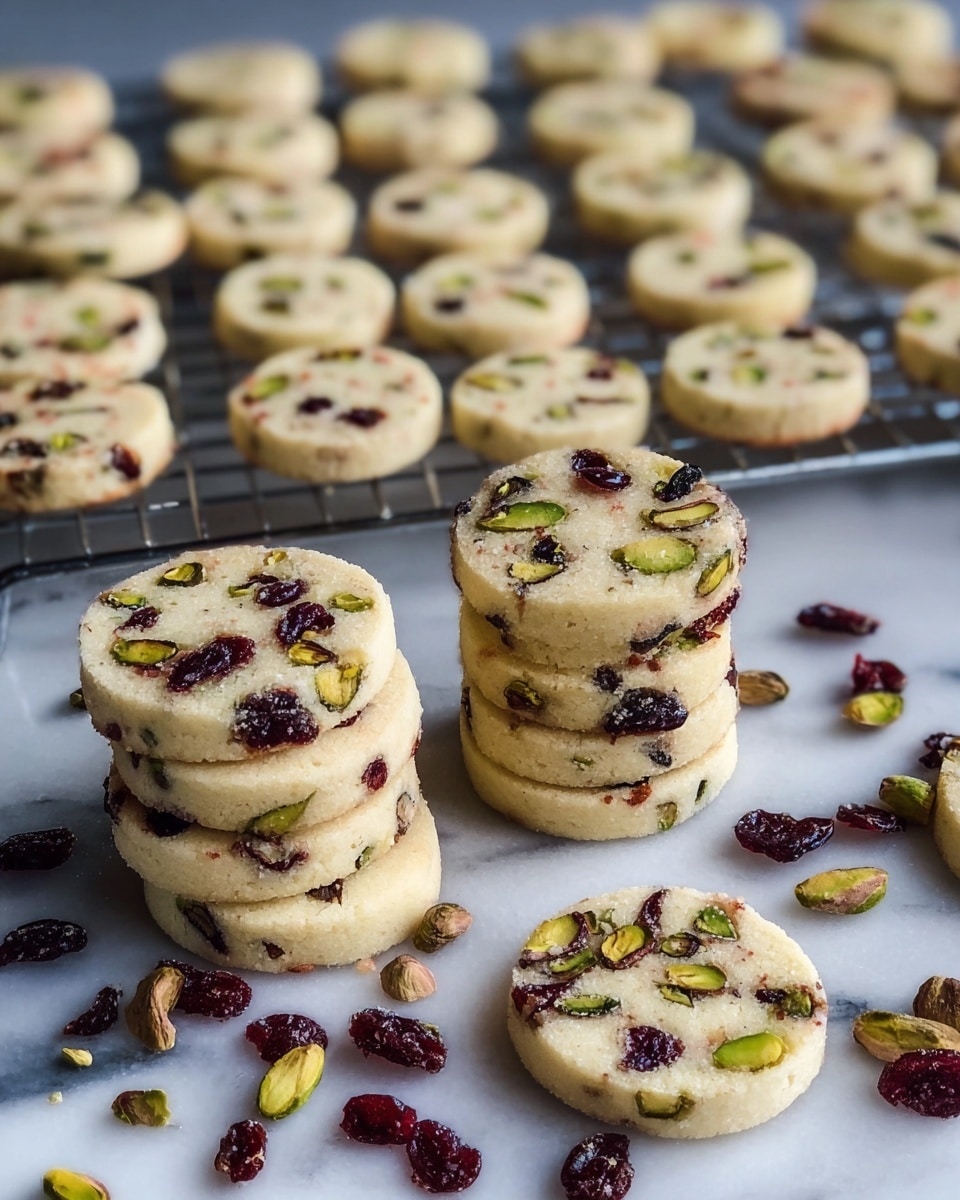 Four square bars are stacked neatly on a round white plate, each bar showing a light beige color with a slightly crumbly texture. The bars are filled with bright green pistachio pieces and deep red dried cranberry bits, scattered evenly throughout and also embedded on the top surfaces. The edges of the bars are firm and slightly browned, giving a golden outline to each piece. The background features a soft focus of more bars scattered on a white marbled texture. photo taken with an iphone --ar 4:5 --v 7