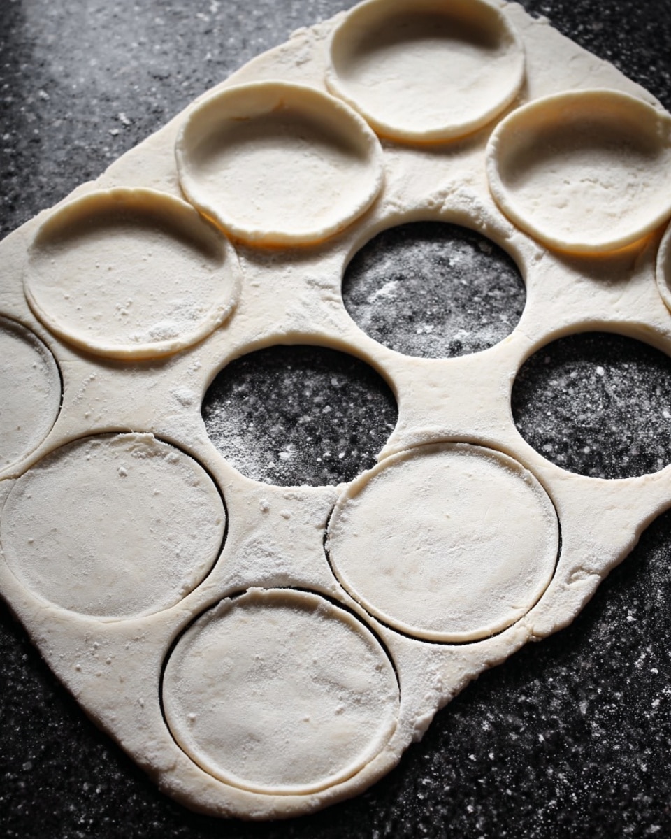 A sheet of light beige dough with a smooth texture lies flat on a dark speckled surface, with round shapes cut all over it. Several perfect circles of dough are already separated and placed above the sheet, while the remaining dough still holds round cutouts with spaces where some have been removed, showing the speckled surface underneath. The dough looks soft and slightly dusted with flour. photo taken with an iphone --ar 4:5 --v 7
