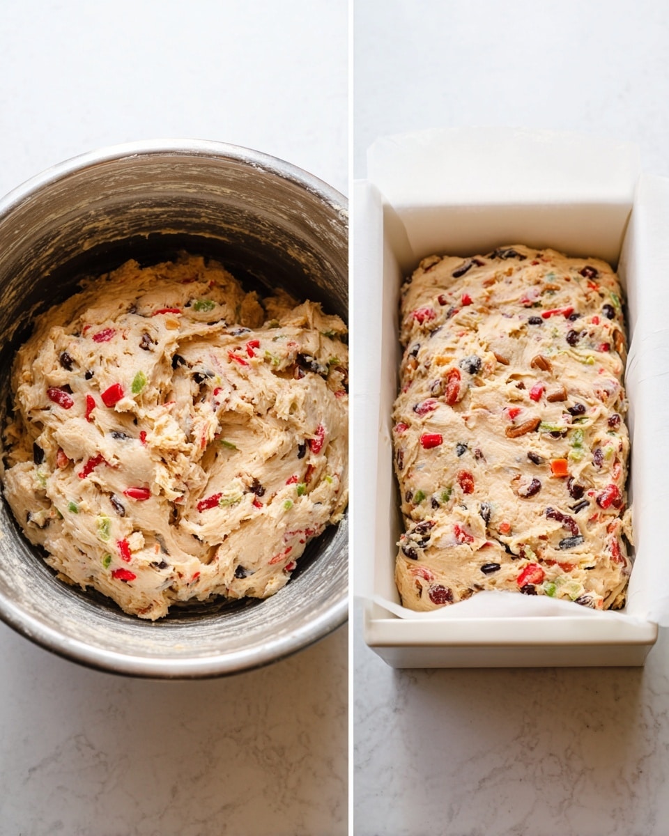 The image shows two views of a light beige dough mixed with colorful bits of red, green, and black, likely pieces of fruit or nuts. On the left, the dough is thick and chunky, sitting inside a metallic silver mixing bowl with a rough texture on the inside surface. On the right, the same dough is pressed into a white baking pan lined with white parchment paper, filling the pan evenly and showing the vibrant bits spread throughout. Both images are set on a white marbled surface. Photo taken with an iphone --ar 4:5 --v 7