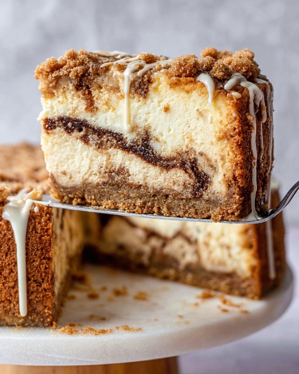 A round cake with three visible layers sits on white parchment paper on a wooden board; the bottom layer is a dark brown crumbly crust, the middle layer is a thick, light golden bake, and the top layer is covered with a rough, light brown crumb topping. White icing is drizzled over the crumb layer in thin, uneven lines, with some icing dripping down the sides. In the background on a white marbled surface are stacked white plates, two cinnamon sticks, a knife with a wooden handle, and a white teapot. Photo taken with an iphone --ar 4:5 --v 7