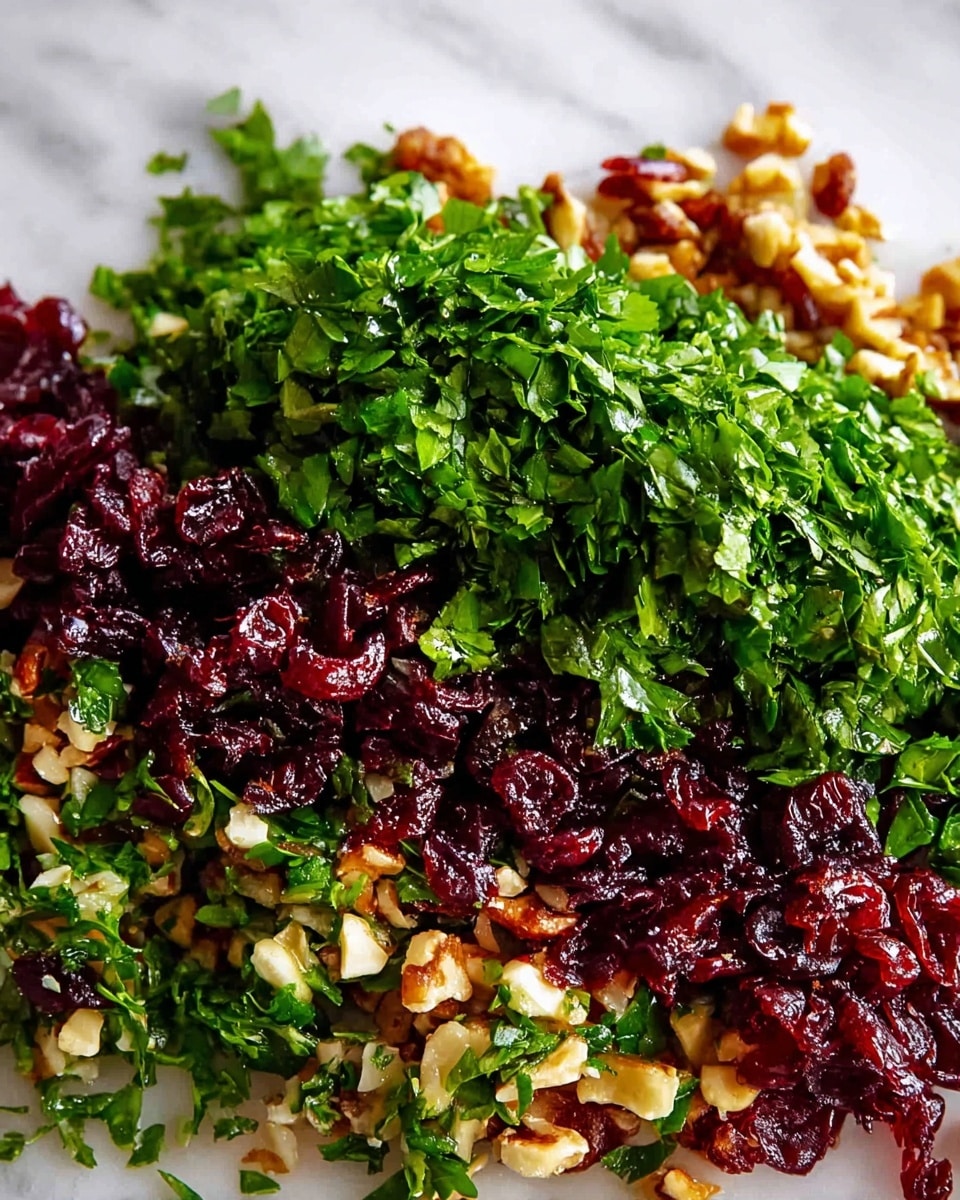 The image shows a close-up of a mix of chopped fresh green herbs, bright red dried cranberries, and small pieces of light brown nuts, all layered together on a white marbled surface. The green herbs form a thick, leafy top layer with a rough texture, while the dried cranberries add splashes of dark red, and the nuts create a crunchy, uneven layer beneath. The colors are vibrant with green, red, and light brown clearly visible in this fresh mix, arranged closely and spread out loosely at the edges. Photo taken with an iphone --ar 4:5 --v 7