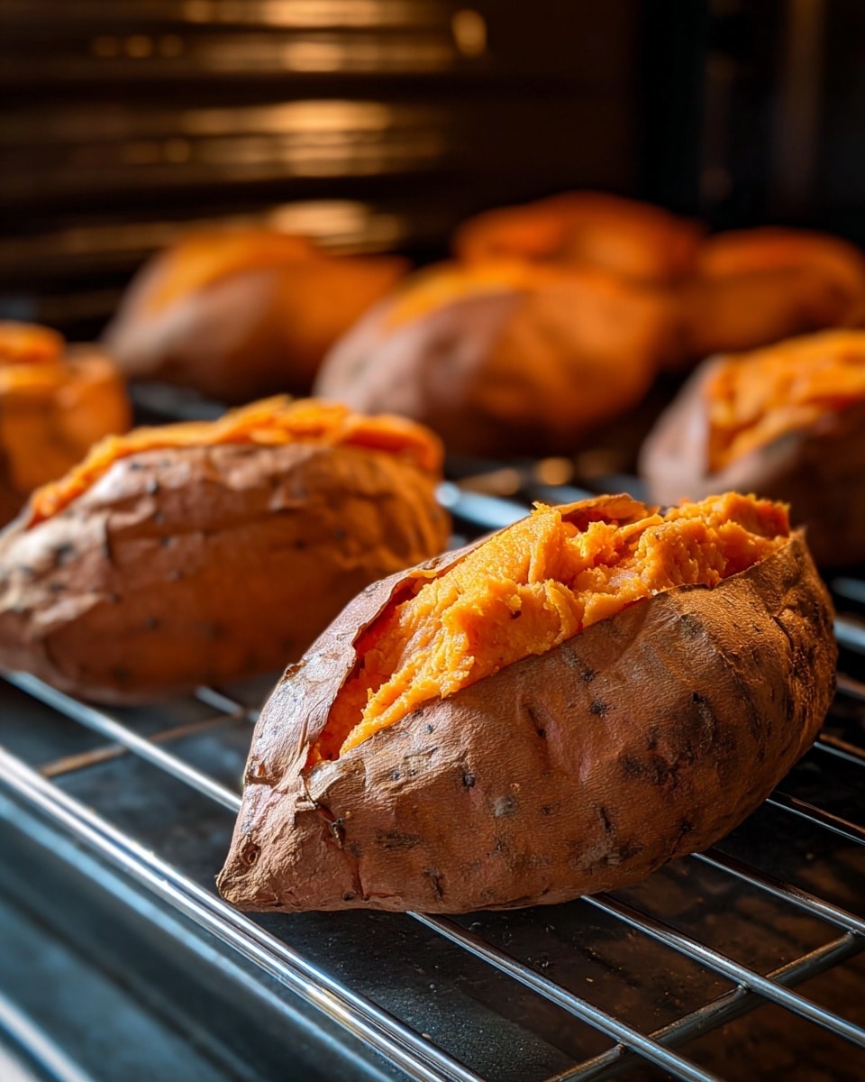 The image shows several baked sweet potatoes on a metal oven rack inside the oven. Each potato has a cracked skin revealing bright orange, soft flesh inside. The potatoes are spread out across the rack with the closest ones in clear focus, showing a rough texture on their skins and a smooth, creamy texture of the orange flesh peeking through the splits. The background is slightly blurred, highlighting the warm, inviting color of the cooked sweet potatoes. photo taken with an iphone --ar 4:5 --v 7