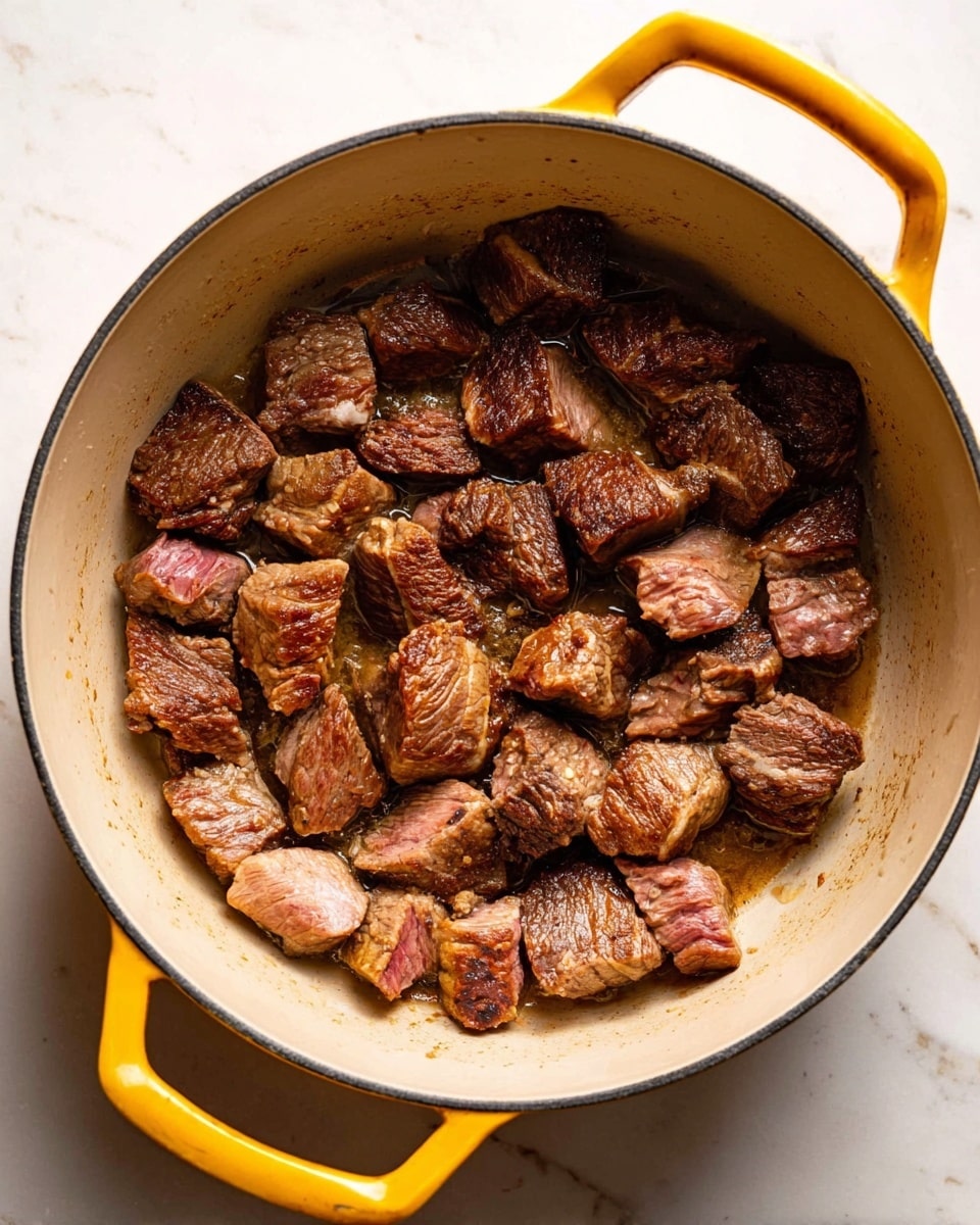 Inside a yellow pot with two handles, small chunks of browned meat are spread out in a single layer, showing a mix of dark brown cooked surfaces and some pinkish, less cooked areas. The meat pieces vary in size and texture, with some having light seared lines and others smooth, glistening with cooking juices. The pot’s inside is cream-colored, and the whole scene is set against a white marbled surface. photo taken with an iphone --ar 4:5 --v 7