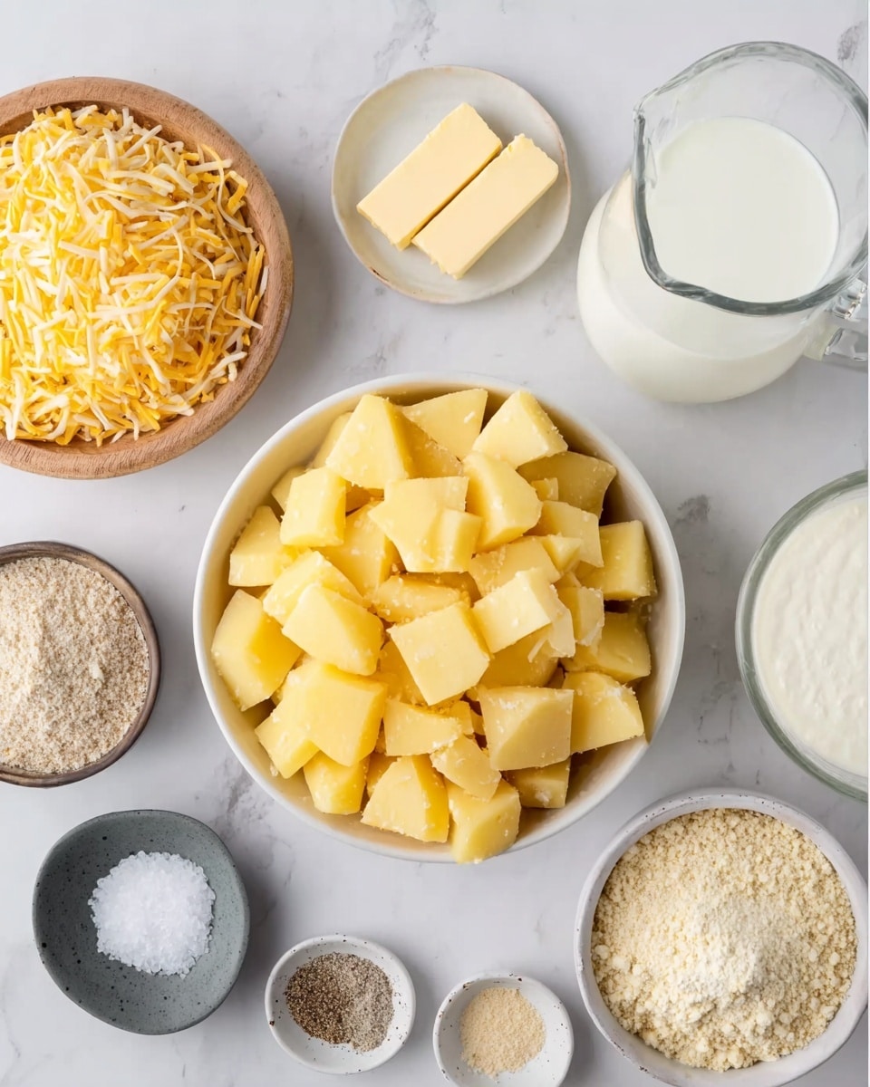 A white square ceramic dish filled with a creamy potato salad mixture that has about two visible layers: chunks of yellow potato with skin and a thick, smooth white dressing that coats the potatoes all around. The salad texture looks fluffy and slightly uneven with some potato pieces more coated than others. The dish is placed on a white marbled surface. photo taken with an iphone --ar 4:5 --v 7