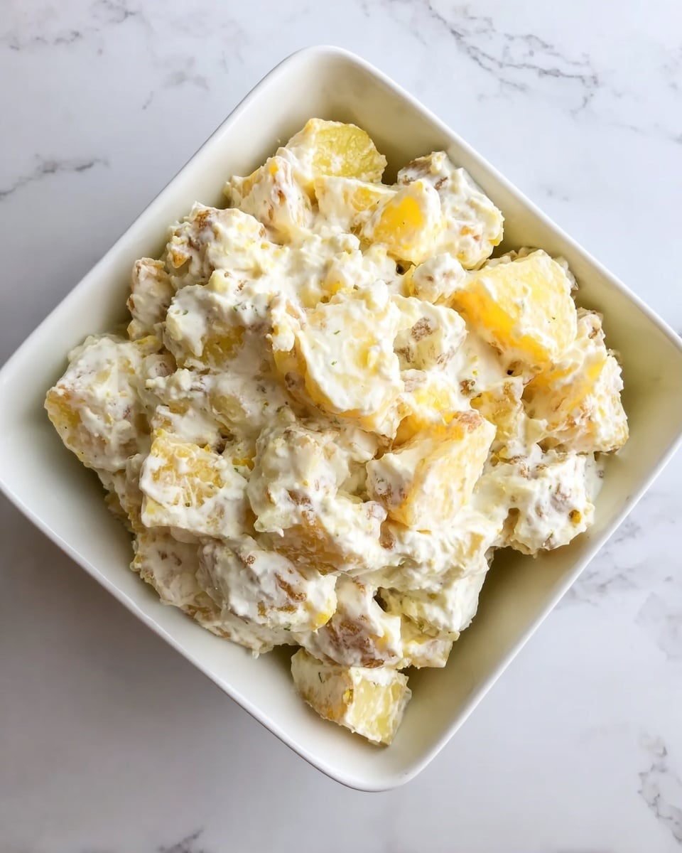 A white rectangular baking dish filled with a golden-yellow cheesy casserole, with a slightly crispy, browned top layer of melted cheese. Small green herb sprinkles add contrast on top. The casserole has a dense texture with some cheese melting over the sides. Next to the dish, there is a dollop of white creamy sauce in a small white bowl on a white marbled surface. photo taken with an iphone --ar 4:5 --v 7