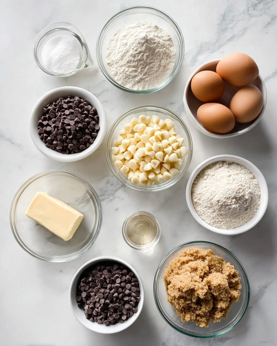 A close-up top view of a clear glass mixing bowl filled with light brown cookie dough mixed with dark brown and white chocolate chips. The dough is thick and scooped into a rounded mound with visible folds and swirls, sitting in the center of the bowl. Some chocolate chips are scattered on top of the dough and a few more chips are spread loosely on a white marbled surface around the bowl. The bowl is clean around the edges, showing some smears of dough inside. photo taken with an iphone --ar 4:5 --v 7