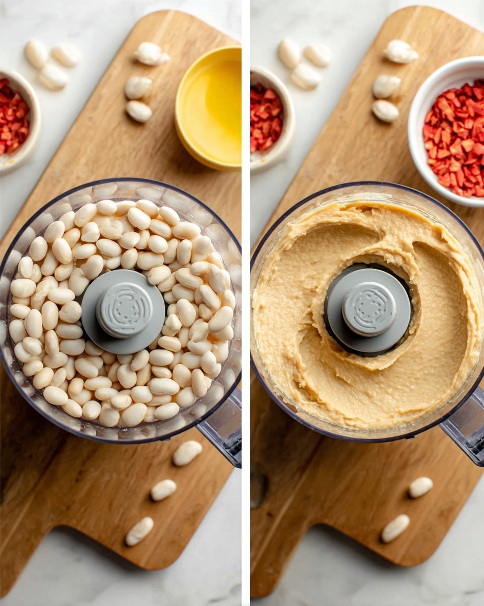 The image shows a wooden board on a white marbled surface with several small white bowls and containers of colorful food items. Starting from the top left, there is a whole yellow bell pepper, next to it a white block of cheese on parchment paper. On the board, a small wooden bowl holds white crumbled cheese. In front, a small jar is filled with green pesto sauce. Nearby, a round white bowl contains red roasted peppers with black char marks. To the right, another round white bowl holds light yellow artichoke hearts. In the lower front, a small white scalloped bowl is filled with bright red small peppers, and near it are a couple of loose red peppers on the board. Finally, on the bottom right, a white bowl has beige kidney beans spilling slightly onto the board, with a small white heart-shaped bowl at the top holding dark olives. The background shows a white marbled texture. Photo taken with an iphone --ar 4:5 --v 7