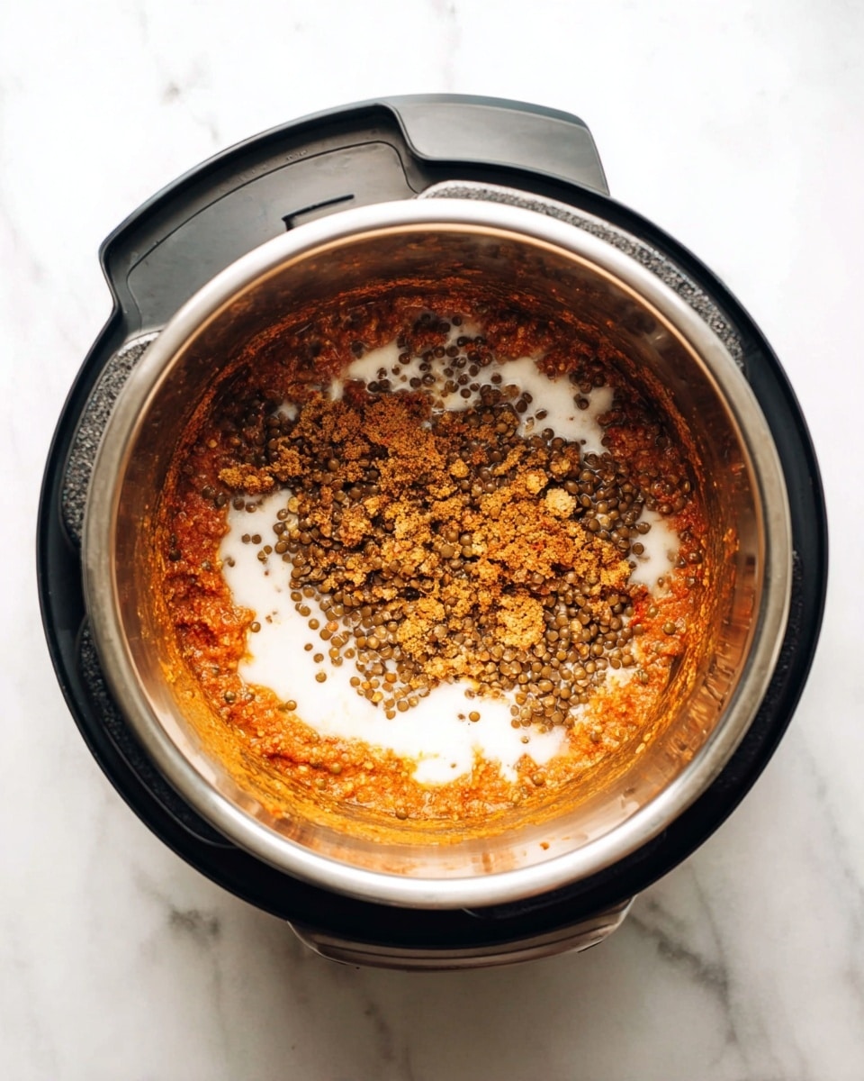 Inside a stainless steel inner pot of a black pressure cooker, there is a mixture of two main layers. The bottom and sides are covered with a thick, orange-red paste that looks smooth and cooked, likely made of spices or tomato. On top of this base, scattered across the pot, are many small brown lentils, some partially mixed into the paste, creating a coarse texture. In the middle, there is a round area with a layer of white liquid, possibly coconut milk or cream, blending softly into the lentils and paste. The cooker sits on a white marbled surface. photo taken with an iphone --ar 4:5 --v 7