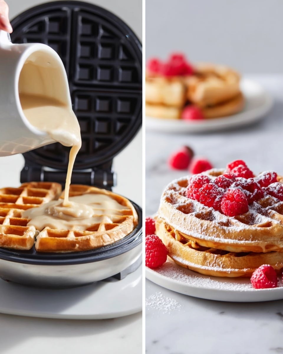 A stack of three thick, golden brown waffles sits centered on a white plate, each waffle showing a crispy, textured surface with deep grid patterns. A small square of butter rests on the top waffle, slightly melting as amber syrup is poured from a small speckled white cup directly onto it, the syrup flowing down the layers. In the foreground to the right, a bowl of fresh red raspberries adds a bright touch. The background features a blurry white ceramic vase with green leaves and white flowers, and a clear glass milk jug on a white marbled surface. Photo taken with an iphone --ar 4:5 --v 7