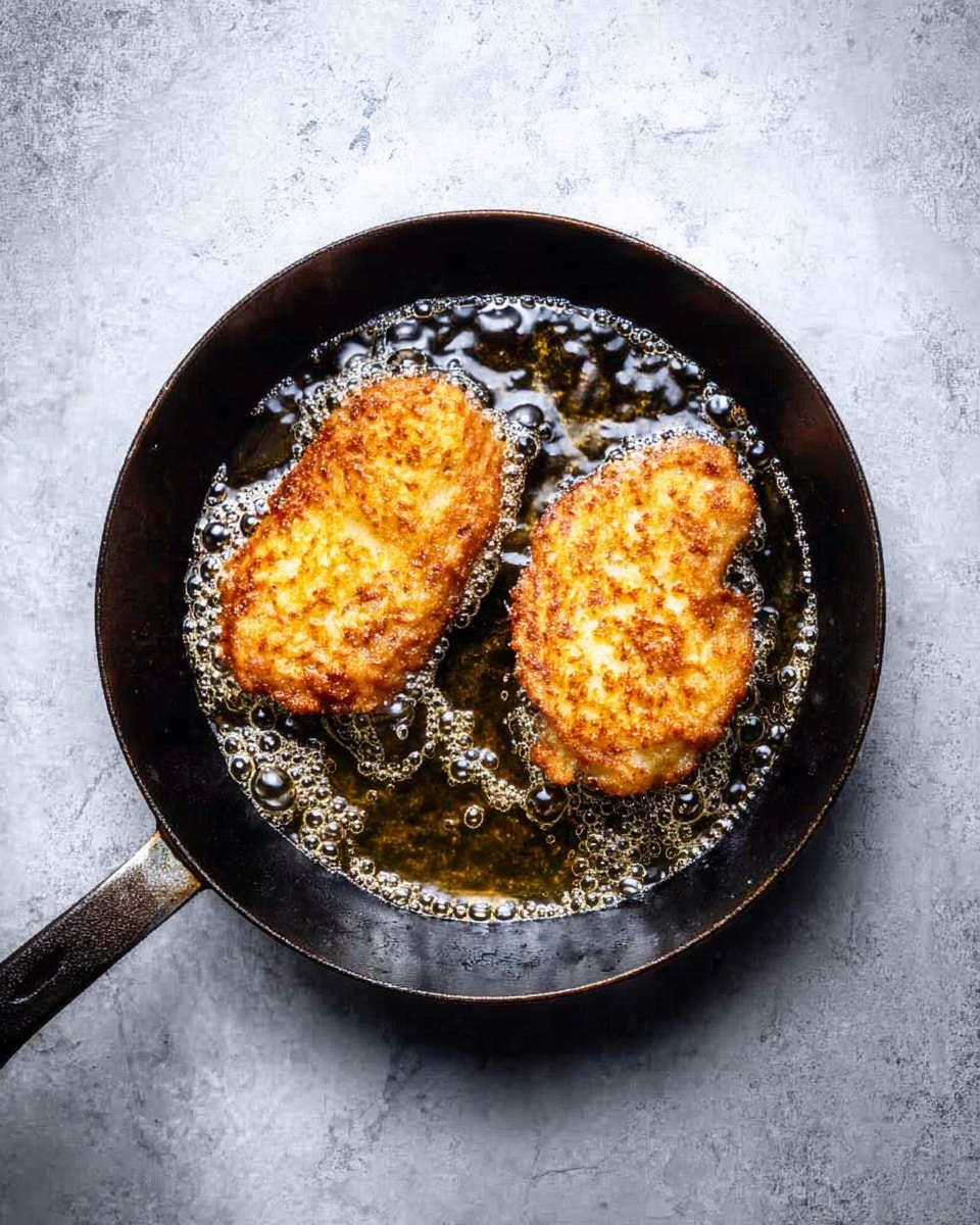 The image shows a close-up of four pieces of chicken parmesan in a pan, each piece layered with a golden-brown crispy breaded chicken base, topped with a bright red tomato sauce, and finished with a thick layer of melted white mozzarella cheese that has brown spots from broiling, sprinkled with green herbs and black pepper. A metal spatula lifts one piece, revealing the texture of the chicken and cheese. The background and pan surface are a white marbled texture photo taken with an iphone --ar 4:5 --v 7