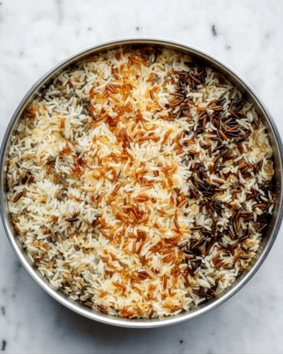 A round metal pan filled with a mix of cooked rice showing three distinct colors: white, orange, and dark brown. The texture looks fluffy and separate, with the grains spread evenly across the pan. The pan is placed on a white marbled surface, emphasizing the mix of colors in the rice. photo taken with an iphone --ar 4:5 --v 7