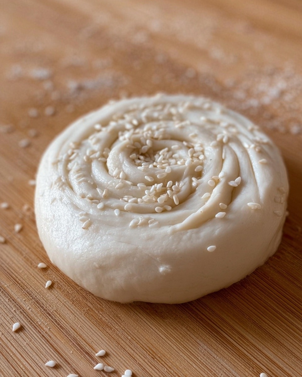 A close-up view of round, golden-brown stuffed pancakes stacked on a white plate set on a white marbled surface. The pancakes are topped with small green onion pieces and sesame seeds scattered across the top. In the foreground, a woman's hand holds half of one pancake, showing three visible layers of folded, slightly crispy dough filled with a mixture of light green chopped vegetables and white bits inside. The lighting highlights the shiny, textured surface of the crispy pancakes. Photo taken with an iphone --ar 4:5 --v 7