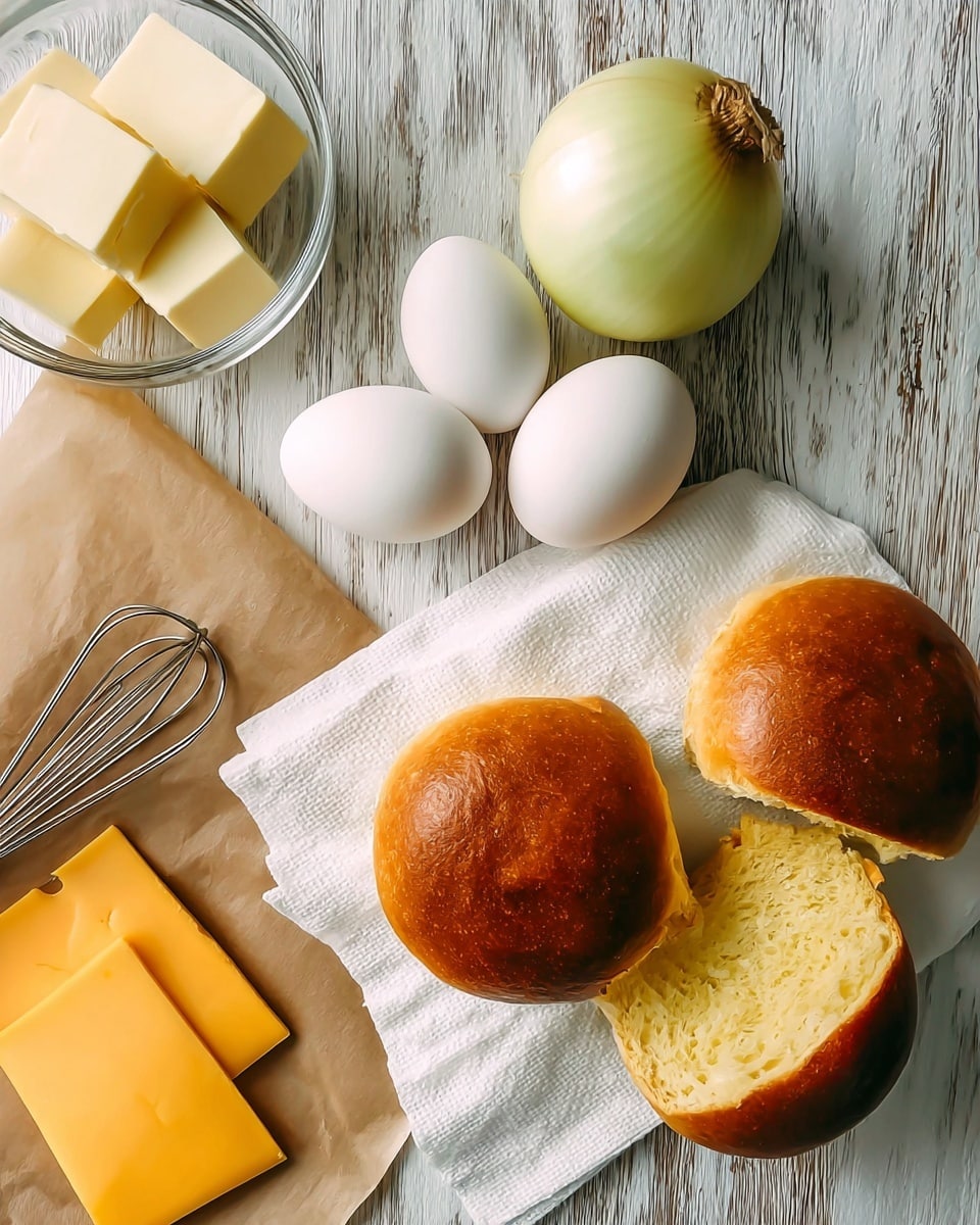 The image shows ingredients for a dish placed on a white marbled texture. There are two golden-brown round buns, one whole and one sliced open to show its soft yellow inside, placed on a white cloth. Next to the buns is a glass bowl holding three smooth, white eggs. A whole onion with pale yellow skin is nearby. To the left, a glass bowl contains three butter cubes with a pale yellow color, and two slices of yellow cheese rest on brown paper next to a silver whisk. Photo taken with an iphone --ar 4:5 --v 7