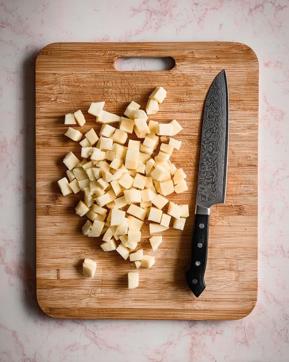 The image shows a metal baking tray covered with crumpled foil, holding small, evenly cut cubes of roasted potatoes spread out in a single layer. The potatoes have a light golden brown color with some darker roasted spots, indicating they are cooked and slightly crispy. The foil underneath has some shiny and wrinkled texture, and the tray rests on a white marbled surface. The overall scene looks clean and bright with warm tones from the roasted potatoes. photo taken with an iphone --ar 4:5 --v 7