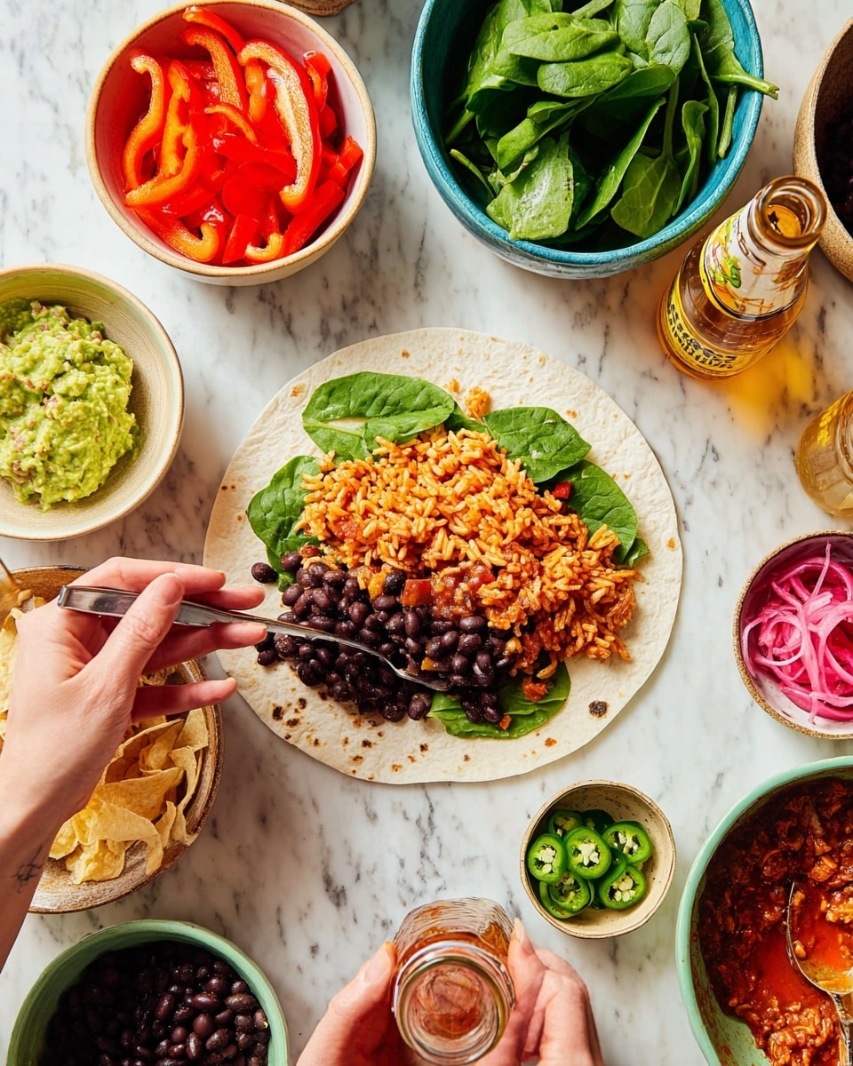 A white tortilla laid flat on a white marbled surface holds three layers: bright green fresh spinach leaves as the base, topped with a layer of orange-red seasoned rice mixed with small bits of vegetables, and finally a layer of dark black beans being spooned on by a woman's hand holding a spoon, while another woman's hand holds the tortilla steady. Surrounding the tortilla are bowls of ingredients including sliced red bell peppers in a blue bowl, fresh spinach leaves in a beige bowl, black beans in a pale blue bowl, guacamole with chunks of tomato in a white bowl, sliced jalapeños in a white bowl, reddish-pink pickled onions in a small glass jar, and a red salsa in a green bowl with a wooden spoon. A bottle of light amber beer with its cap nearby is also visible on the white marbled surface. Photo taken with an iphone --ar 4:5 --v 7