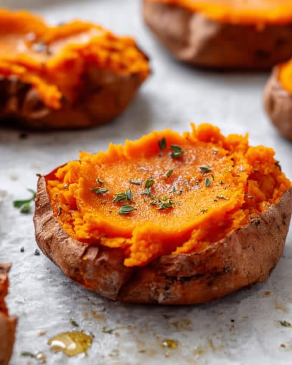The image shows several roasted sweet potato halves arranged closely on a dark tray. Each sweet potato half has a bright orange, soft interior with caramelized edges that are slightly charred and glossy, suggesting they have been cooked until tender and sweet. The skins are a natural brown, rough texture, still attached and holding the orange flesh inside. Small bright green chopped herbs are sprinkled generously across the tops of the sweet potatoes and scattered on the tray, adding a fresh pop of color. The surface below the tray is a white marbled texture. photo taken with an iphone --ar 4:5 --v 7