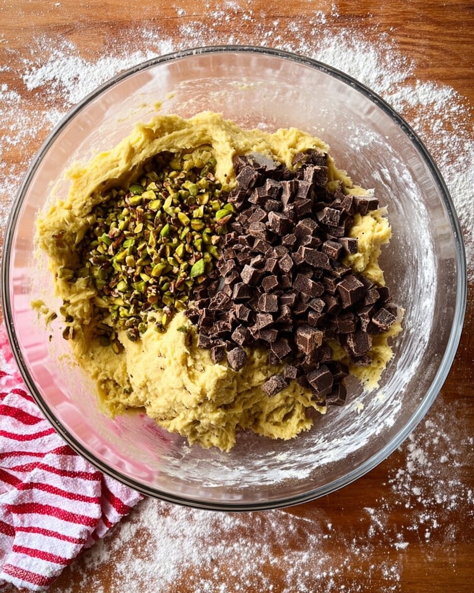 A clear glass bowl sits on a white marbled surface with thick yellow dough spread unevenly inside. On top of the dough, in separate piles, are medium green chopped nuts on the left, dark brown larger chocolate chunks in the middle, and smaller dark brown chocolate pieces to the right. Some flour dust clings to the edges of the bowl and scattered on the wood-textured surface underneath. A red and white striped cloth is partly visible under the bowl. Photo taken with an iphone --ar 4:5 --v 7