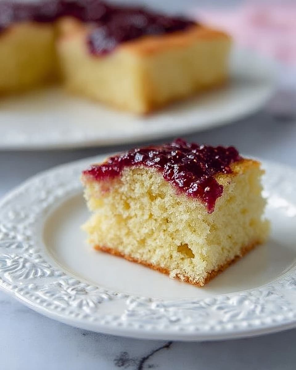 The image shows a square piece of light yellow sponge cake with a layer of dark red jam spread unevenly on top. The cake has a soft and fluffy texture with visible air pockets inside. It sits on a white ornate plate with detailed raised patterns along the edge. In the background, there is a larger piece of the same cake on another white plate, slightly out of focus, placed on a white marbled surface. Photo taken with an iphone --ar 4:5 --v 7