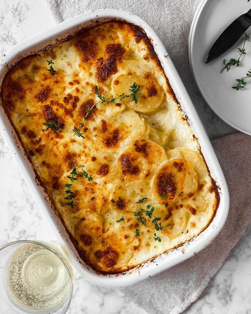 The image shows a two-part view of a dark pot with blue handles placed on a white marbled surface. In the first part, the pot contains a creamy white liquid with small yellow bits scattered throughout, along with two green bay leaves and a sprig of thyme floating on top. In the second part, the pot is filled with thin, stacked slices of pale yellow potatoes partially submerged in the creamy mixture, with a wooden spoon resting on the pot’s edge. Photo taken with an iphone --ar 4:5 --v 7