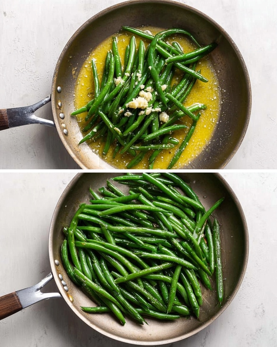 The image shows a cooking pan with a metal surface, placed on a white marbled background. Inside the pan, there are fresh green beans with a few small pieces of light-colored chopped garlic in the middle. The green beans are bright and shiny, resting on a spread of melted yellow butter or oil that covers the pan’s bottom. The pan handle extends out toward the left side of the image. In the second view, the pan is filled entirely with cooked green beans that are vibrant and glossy, piled evenly inside the pan, showing a fresh, healthy look. Photo taken with an iphone --ar 4:5 --v 7