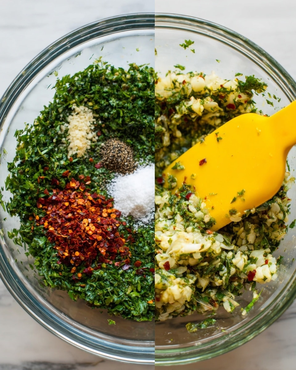The image shows two clear glass bowls on a white marbled surface. The first bowl contains five layers of ingredients: a large amount of chopped green herbs spread evenly, a small pile of black cracked pepper, white salt sprinkled near the pepper, a heap of crushed red chili flakes, and finely chopped garlic grouped at one side. The second bowl shows the same ingredients mixed and coated evenly with a bright yellow spatula resting on the right side inside the bowl. The mixture looks wet and shiny with small red, white, and green bits all blended together. Photo taken with an iphone --ar 4:5 --v 7
