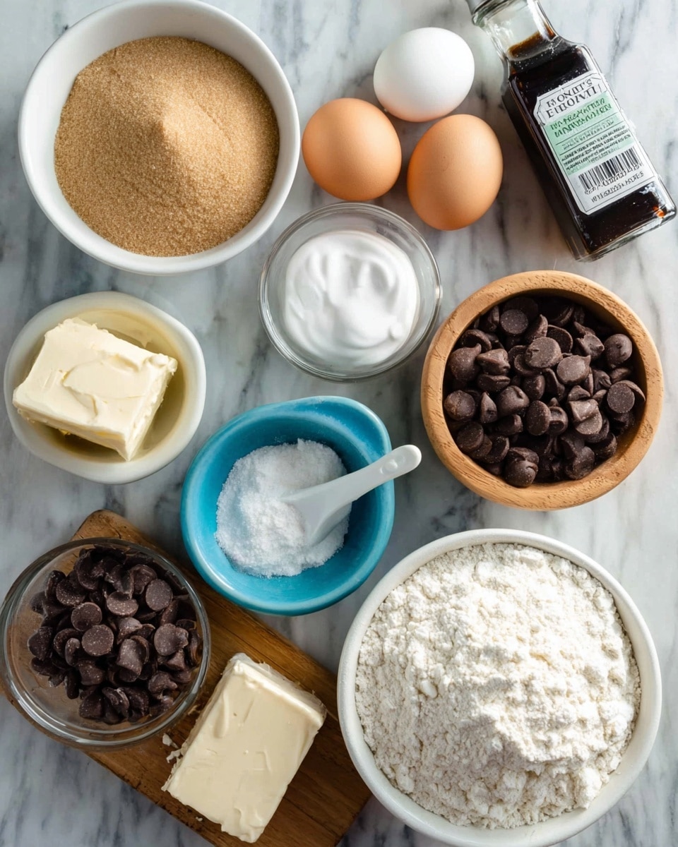 The image shows baking ingredients arranged on a white marbled surface, including a white bowl filled with light brown packed sugar, two white eggs next to a measuring cup of white granulated sugar on a white spoon. There is a small blue bowl with baking soda, a wooden bowl with salt, a white bowl filled with chocolate chips, and a larger white bowl filled with flour. Also present is a glass measuring cup with a white spatula inside, a wrapped square of butter, and a dark bottle of vanilla extract, all laid out neatly. Photo taken with an iphone --ar 4:5 --v 7