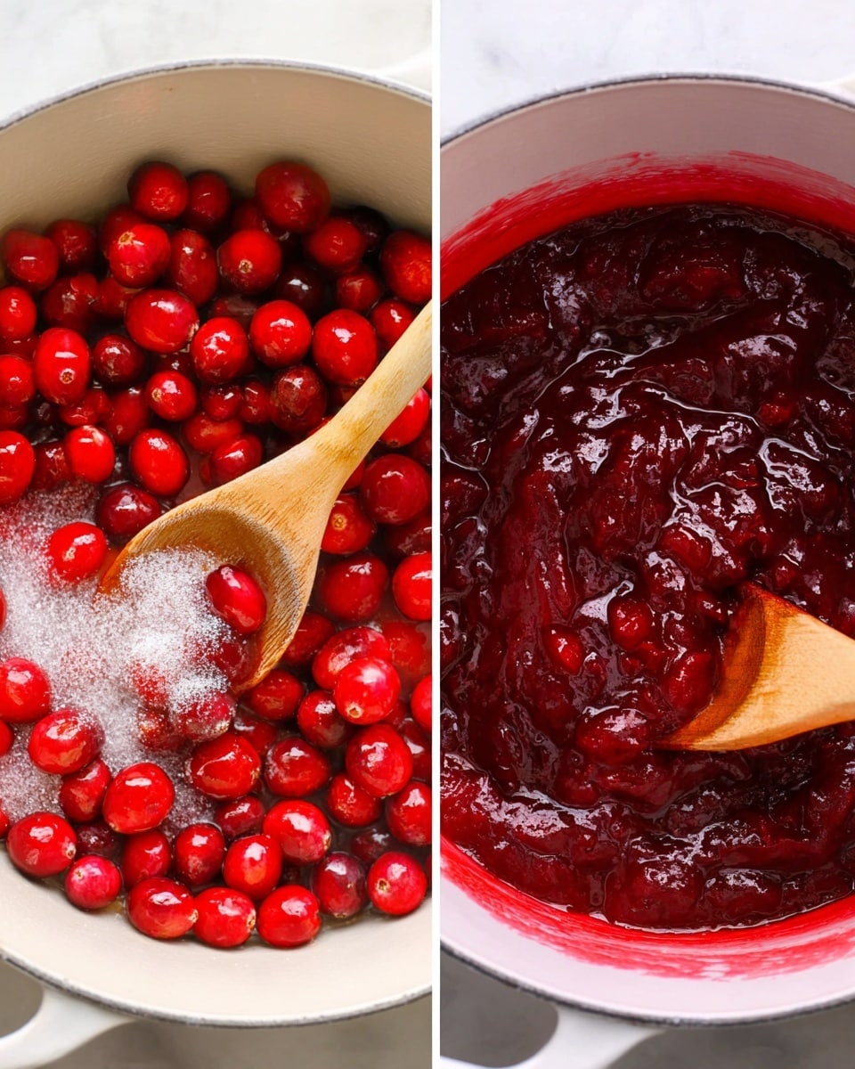 The image on the left shows whole bright red cranberries in a white pot filled with clear liquid with white sugar sprinkled on top and a wooden spoon lifting some cranberries from the pot. The image on the right shows the same pot now filled with thick, deep red cranberry sauce with a chunky texture. The wooden spoon rests in the sauce, showing the glossy and rich texture of the cranberry mixture. The pot sits on a white marbled surface photo taken with an iphone --ar 4:5 --v 7