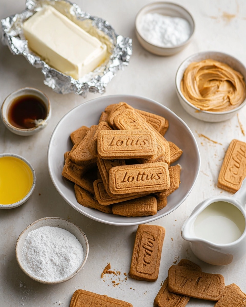 The image shows a white bowl full of stacked rectangular brown Lotus cookies with the word