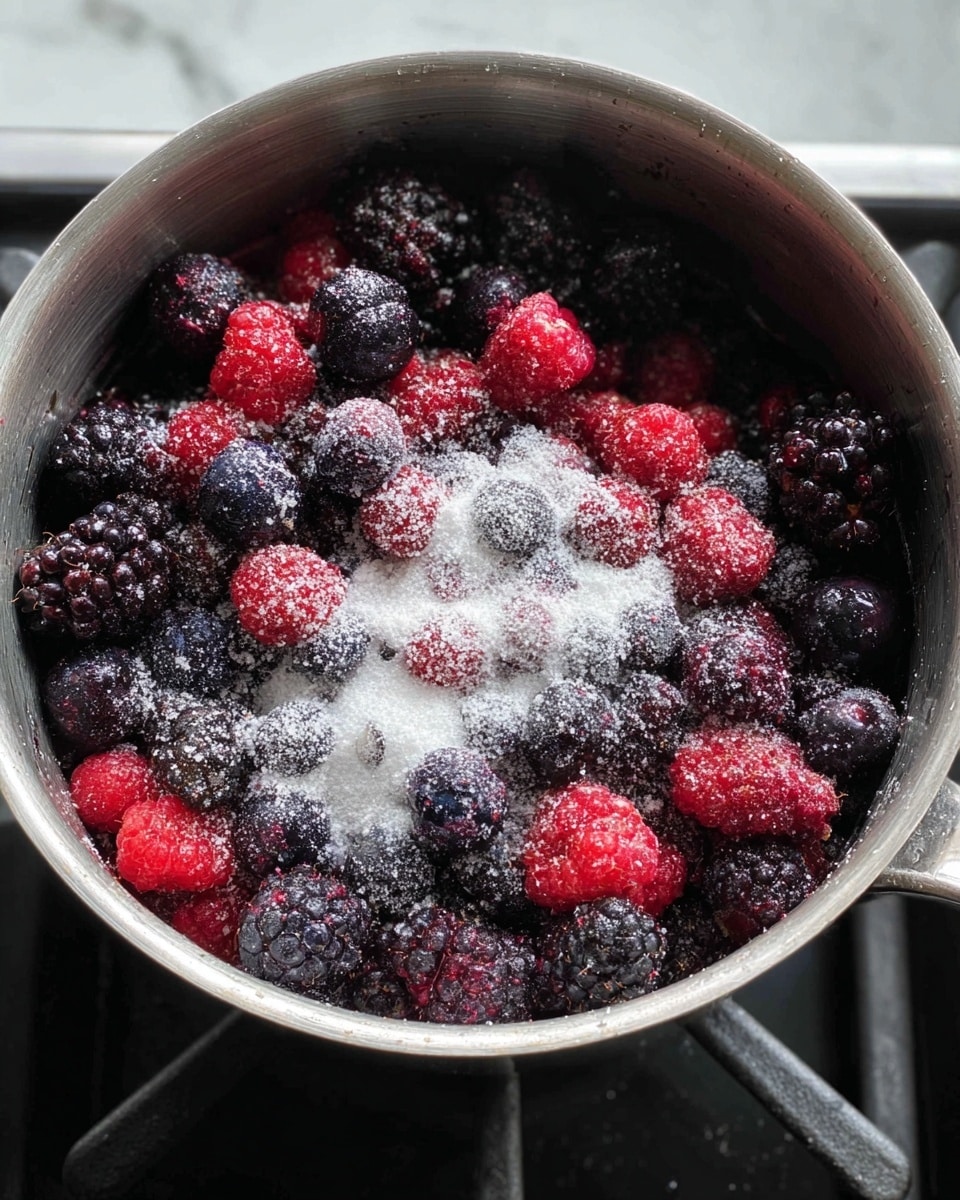A metal pot filled with a mix of dark purple blackberries, bright red raspberries, and dark blueberries, all topped with a layer of white granulated sugar sprinkled unevenly across the berries. The pot is on a black stove, and the scene is lit by soft natural light, showing the moist texture of the berries under the sugar grains. The background has been changed to a white marbled texture. photo taken with an iphone --ar 4:5 --v 7