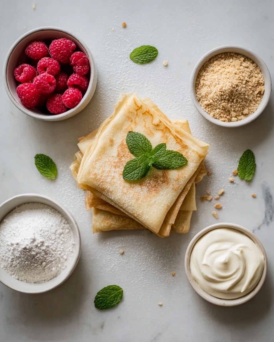 A small dessert made of two layers of light golden, thin crispy pastry stacked with white whipped cream dollops in between and on top, each topped with three fresh red raspberries and a small green mint leaf in the center of the top layer. The dessert is placed on a white marbled surface, scattered with a few whole raspberries and green mint leaves around. The texture looks light and fresh. photo taken with an iphone --ar 4:5 --v 7