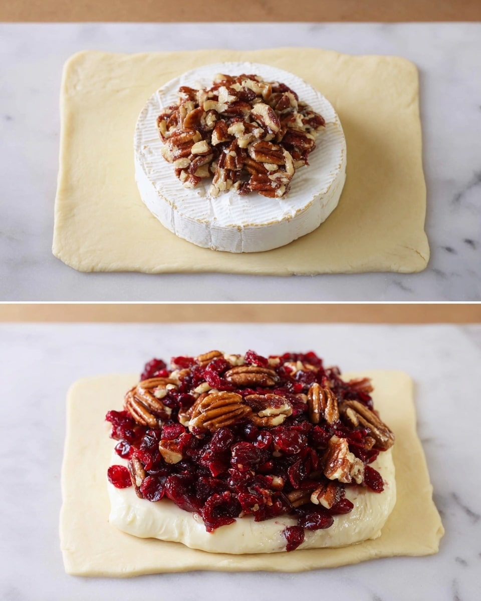 The image shows two stages of preparing a wrapped cheese dish. On the left, there is a round white cheese wheel as the base layer with a smooth rind, topped with a layer of mixed pecans and dried cranberries, which adds a rough and textured look with dark brown and red colors. Over these nuts and berries, there is a mound of light brown sugar with a grainy texture, slightly spilling over to the white marbled surface. On the right side, the second stage shows the cheese fully wrapped in soft, pale dough with folds neatly gathered on top, creating a round, smooth, and slightly wrinkled shape on the white marbled surface. The layers together create a contrast of white, brown, and red colors with smooth, rough, and grainy textures. Photo taken with an iphone --ar 4:5 --v 7