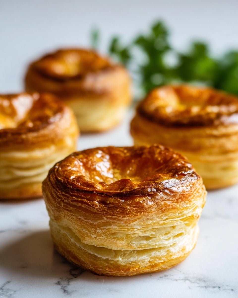 The image shows four round puff pastry shells with multiple visible layers forming thick golden-brown sides and slightly darker, shiny tops. The pastries have a hollow center, revealing the flaky texture of the pastry. They are placed on a white marbled surface, with a blurred green herb in the background. The focus is on the closest pastry in the front center, showing the detailed layering and crisp edges clearly. The overall look is warm and crispy, highlighting the puff pastry’s light and flaky texture. photo taken with an iphone --ar 4:5 --v 7