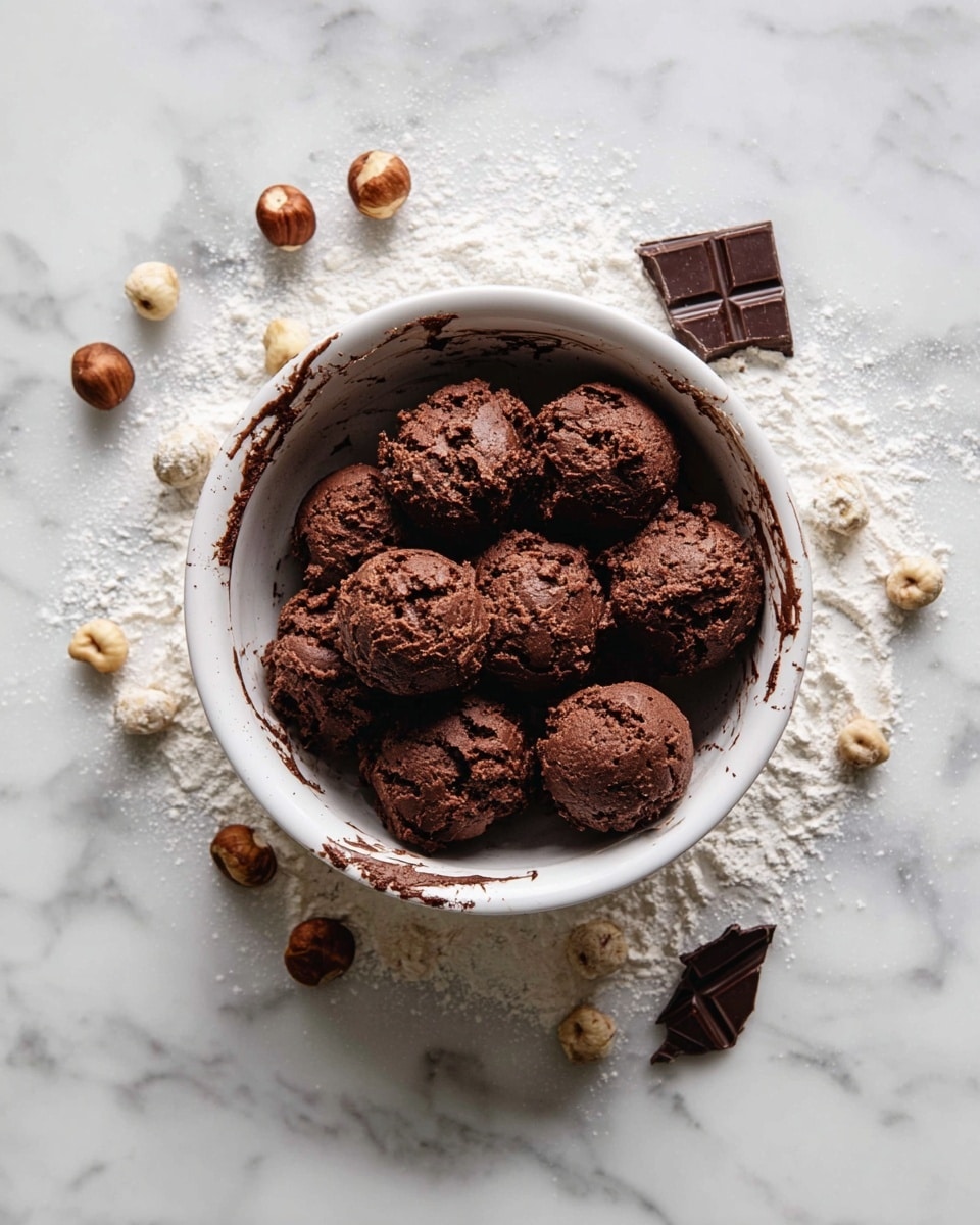 The image shows several round cookies arranged on a white marbled surface, each cookie having two layers. The outer layer is covered with small chopped nuts that give it a rough and crunchy texture, light brown in color. The inner layer is a smooth, shiny, dark chocolate center with a slight dip in the middle, giving a rich and glossy look. Some nut pieces are scattered around the cookies on the surface. The lighting highlights the contrast between the matte nuts and the glossy chocolate, making the treats look fresh and inviting. Photo taken with an iphone --ar 4:5 --v 7