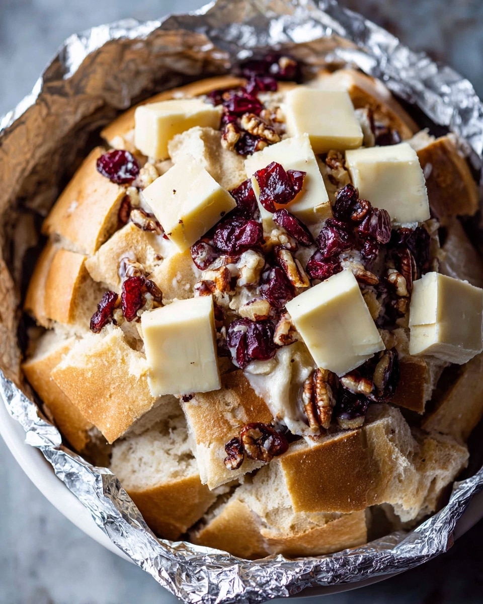 A round pastry with a golden-brown crust folded up around the edges to form a shallow bowl shape, lined with light brown parchment paper. Inside, there is a melted white cheese layer that is soft and creamy, spread evenly across the surface. Dark red dried cranberries are scattered on top of the cheese, adding small pops of bright color. At the center, a small bunch of fresh green herbs sits as a garnish. The whole dish is placed on a white marbled surface, with soft yellow fairy lights blurred in the background. photo taken with an iphone --ar 4:5 --v 7