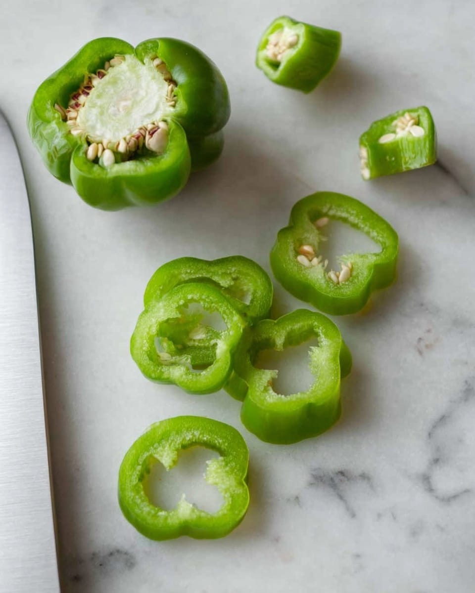 The image shows a white marbled surface with a green pepper on it. The pepper is partly sliced into seven round rings placed flat on the surface. The top part of the pepper, including the stem, lies near the rings. Two pieces of the pepper core with seeds are positioned close to the sliced rings. At the bottom edge, part of a white knife blade is visible. photo taken with an iphone --ar 4:5 --v 7