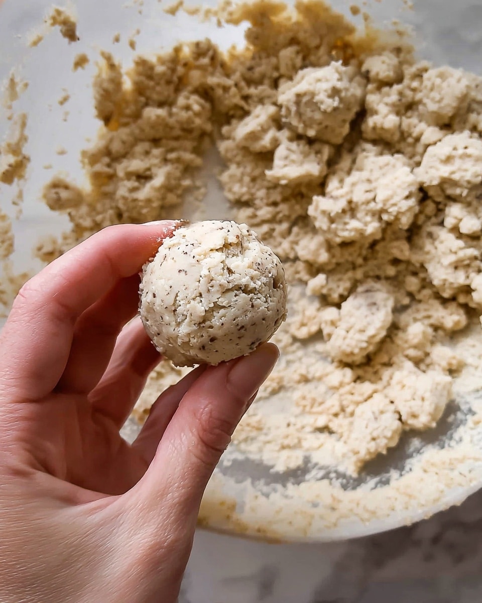 A close-up image of a woman's hand holding a small round ball of light beige dough with visible darker specks, showing a slightly crumbly texture. The background features a large bowl filled with more of the same dough, which appears rough and uneven, stuck to the sides of the bowl with a mix of smooth and loose chunks. The bowl is placed on a white marbled surface. photo taken with an iphone --ar 4:5 --v 7