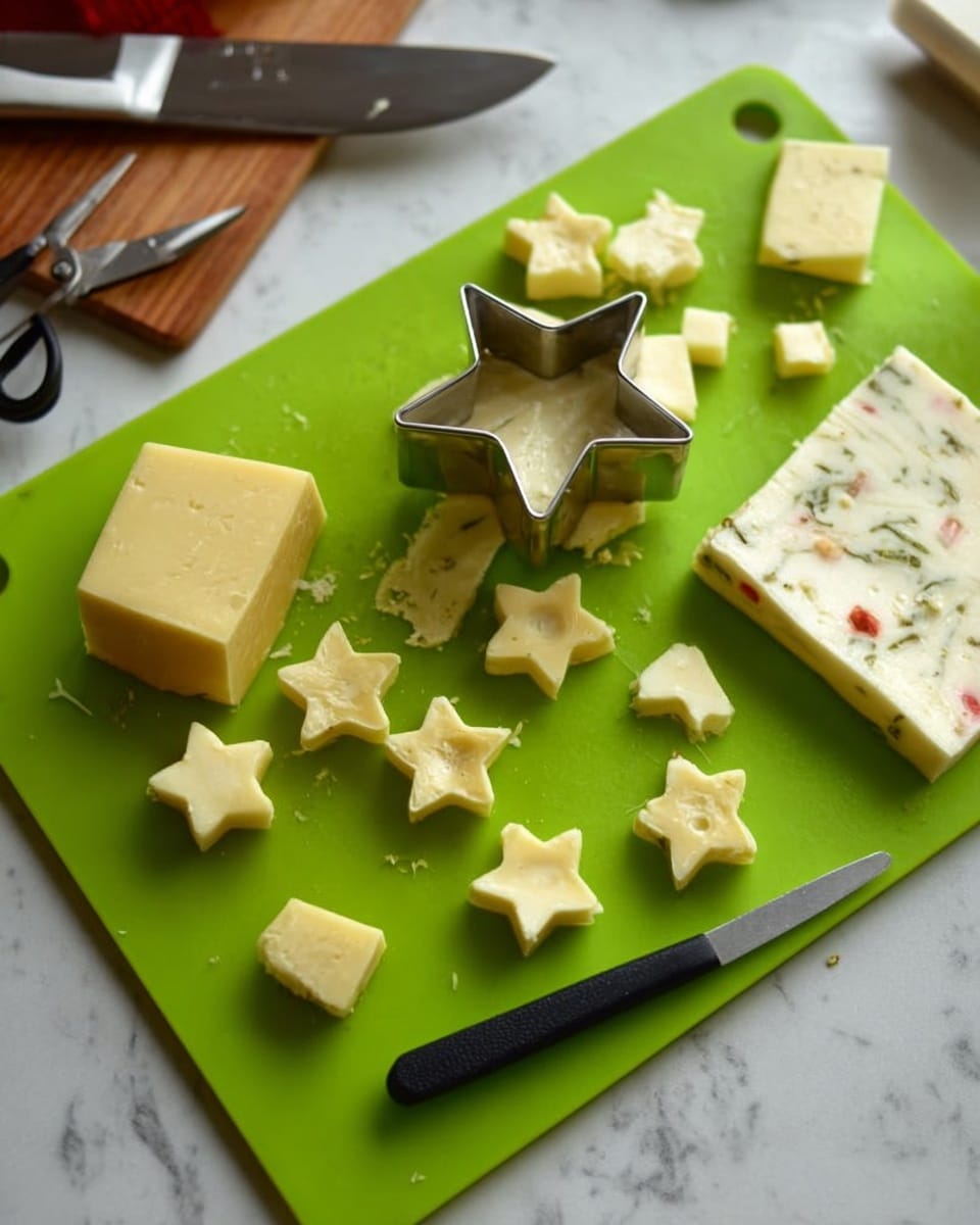 Small snack pieces look like little Christmas trees with three layers. The base layer is a round red piece that sits flat. The middle layer is a long, thin green cucumber slice bent and spiraled to show its smooth texture. The top layer is a star-shaped white cheese piece placed above the cucumber, held together by a thin wooden skewer going through all layers. These are arranged closely on a light wooden board with visible wood grain, placed on a white marbled textured surface. Photo taken with an iphone --ar 4:5 --v 7