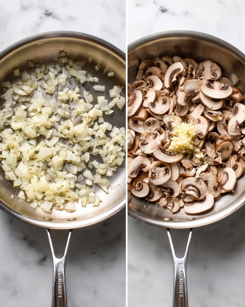 The image shows two metal pans on a white marbled surface. The first pan is filled with many sliced mushrooms, brown and beige in color, cooking in a light brown liquid with a dollop of light yellow butter melting on top in the center. The second pan contains the same mushrooms now partly covered by many off-white gnocchi pieces, sitting in a thick creamy white sauce. Both pans have shiny silver handles extending down toward the bottom edge of the image. photo taken with an iphone --ar 4:5 --v 7