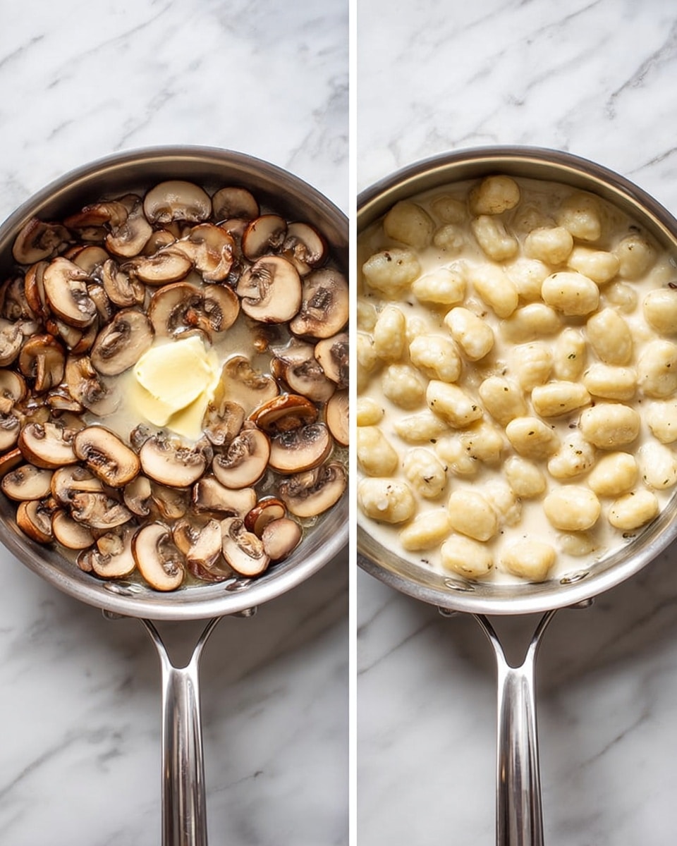 The image shows two silver metal pans on a white marbled surface. The pan on the left has small white onion pieces spread out evenly, showing a bit of browning on the bottom. The pan on the right is filled with many thin slices of light brown mushrooms, topped with a dollop of minced garlic, creating a mix of light beige and cream colors with darker streaks from the mushroom gills. Both pans have long silver handles pointing towards the bottom of the image. photo taken with an iphone --ar 4:5 --v 7