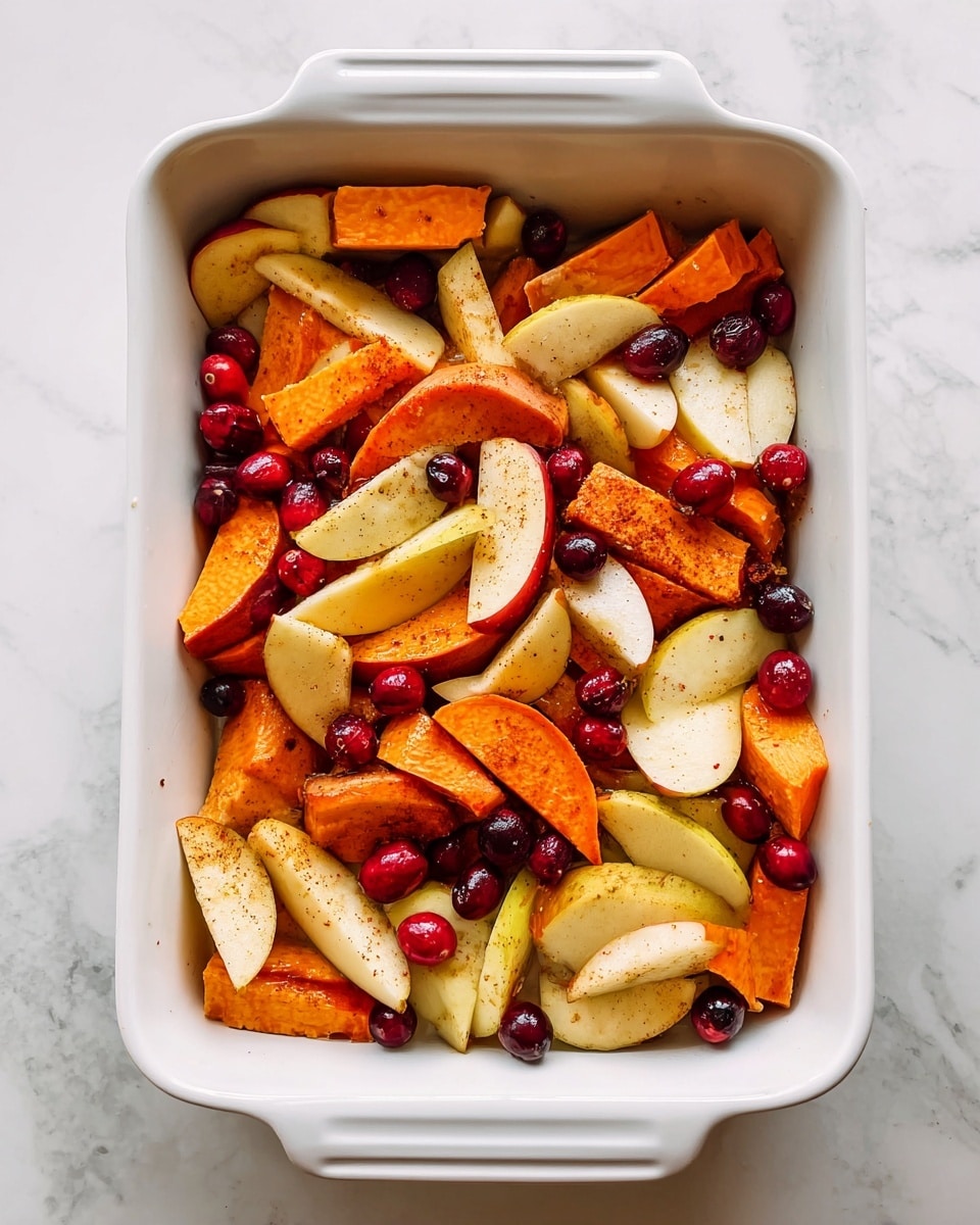 Two orange halves of roasted pumpkin sit on a dark black tray filled with a colorful topping. The topping has layers of small yellow potato cubes, bright red cranberries, and finely crumbled brown bits that look like cooked sausage or a similar texture, all sprinkled with small green herb leaves. The pumpkin skins are a light brown with a rough texture, and the orange flesh inside looks soft and slightly caramelized. The whole dish appears warm and inviting, with the ingredients piled neatly inside each pumpkin half. Photo taken with an iphone --ar 4:5 --v 7