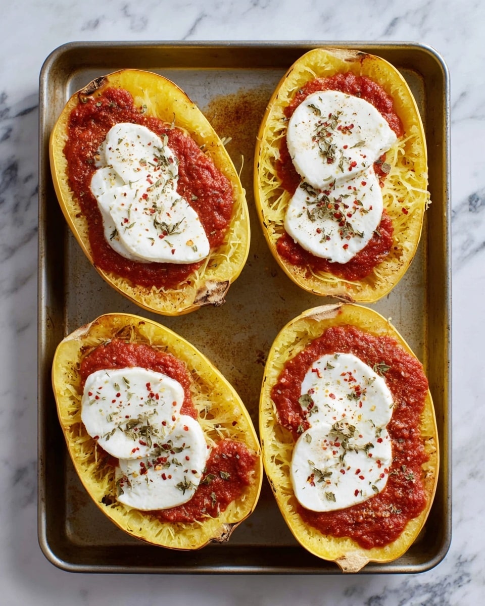 The image shows four halves of cooked spaghetti squash placed on a baking tray. Each half is filled with a layer of red tomato sauce spread evenly inside the yellow squash cavities. On top of the sauce, there are two slices of creamy white mozzarella cheese on each squash half. The cheese is sprinkled with small bits of red pepper flakes and dried herbs for garnish. The baking tray sits on a white marbled surface. photo taken with an iphone --ar 4:5 --v 7
