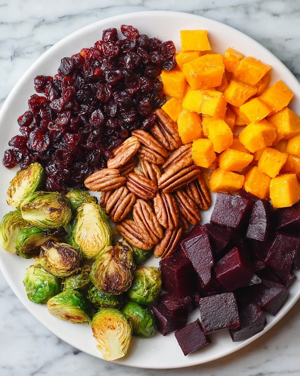 A white plate filled with a mixed salad of five layers of ingredients spread evenly. The first layer is shiny and brown pecans scattered all around. The second layer has small, orange, smooth cubes of roasted sweet potatoes spread among the pecans. The third layer shows green Brussels sprouts, some halved with a slight char on the cut sides, giving a mix of green and brown colors. The fourth layer consists of maroon, shiny cubes of beets evenly spread on top. The last layer has dark red dried cranberries sprinkled all over, adding a glossy finish. The plate is resting on a white marbled surface. photo taken with an iphone --ar 4:5 --v 7
