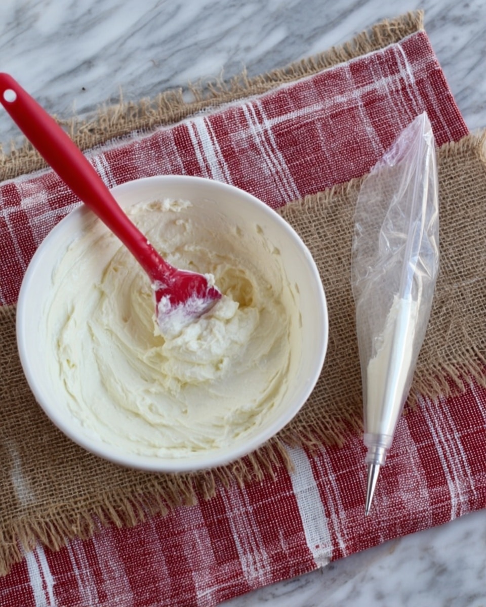 The image shows a white bowl filled with a thick, creamy white mixture with slight texture, partially stirred by a red spatula inside. Next to the bowl is a clear plastic piping bag with a metal tip placed on a piece of rough brown burlap fabric. Both are set on a red cloth with white stripes, all resting on a white marbled surface. photo taken with an iphone --ar 4:5 --v 7