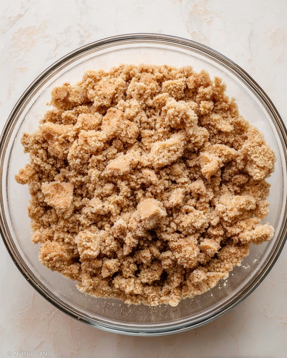 A clear glass bowl filled with light brown, crumbly streusel topping. The streusel has uneven chunky pieces with a rough texture, showing a mix of fine and coarse crumbs spread all over the bowl. The bowl sits on a white marbled surface, and there are no other objects around. Photo taken with an iphone --ar 4:5 --v 7