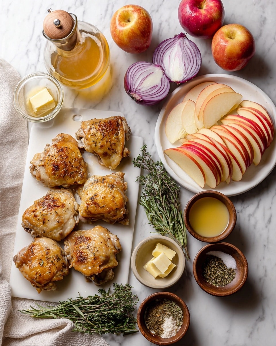 The image shows two layers of cooked chicken thighs in black pans. The top layer has nine golden-brown chicken thighs with crispy skin and black pepper on them, arranged closely together, glistening with oil. The surface of the pan is shiny and dark with some herbs and oil drops around. The bottom layer shows six browned chicken thighs with dark crispy skin placed in a circle in a black pan. Between and around them are sliced red apple wedges, red onion quarters, and sprigs of fresh green herbs, creating a colorful contrast with the chicken. The background is a white marbled texture. photo taken with an iphone --ar 4:5 --v 7